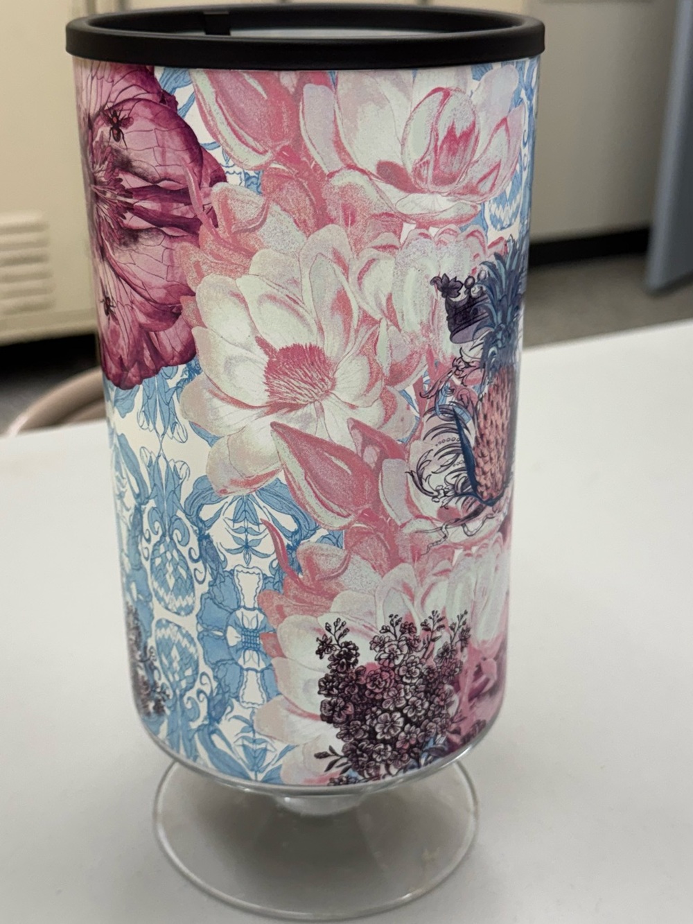 Pink and Blue Floral Glass Hurricane Lantern Lamp Candle Holder